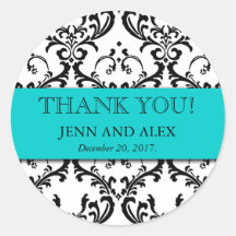 Damask Thank You Wedding Stickers Favours Aqua
