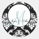 Damask Wedding Blue Monogram Envelope Seal Round Sticker
