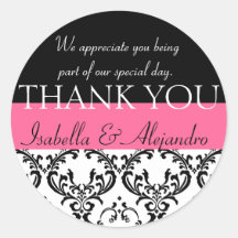 Damask Wedding Favour Thank You Label Black Pink Round Sticker