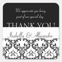 Damask Wedding Favour Thank You Label Black Square Square Stickers
