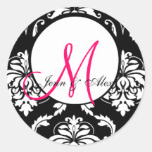 Damask Wedding Monogram Hot Pink Envelope Seals Round Sticker