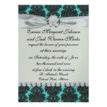 dark grey on aqua blue flourish damask pattern custom invite