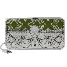 dark olive green white diamond damask design iPod speakers