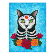 Day of the Dead Cat Sugar Skull Cat Art  Postcard