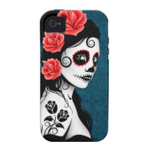 Day of the Dead Sugar Skull Girl - blue iPhone 4 Cases