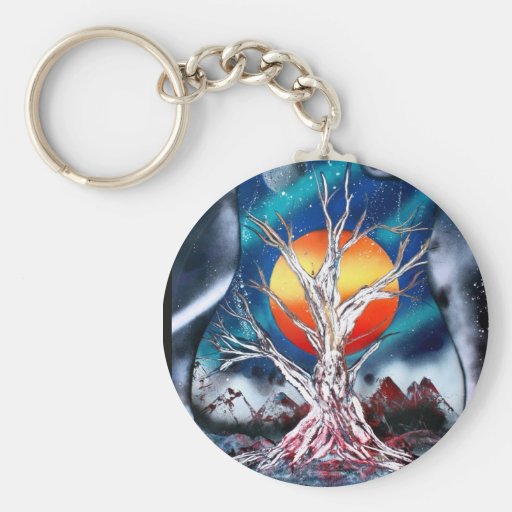 Dead tree red mountains yellow planet space keychain