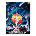 Dead tree red mountains yellow planet space postcard