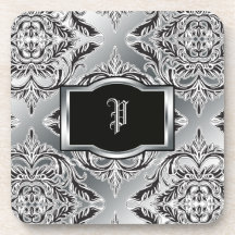 Debonair Damask Black, White, Silver Drink Coaster