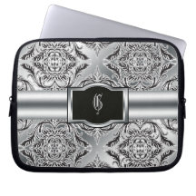 Debonair Damask Black, White, Silver Laptop Sleeves