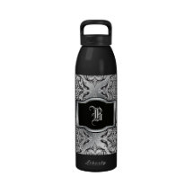 Debonair Damask Black, White, Silver Water Bottles