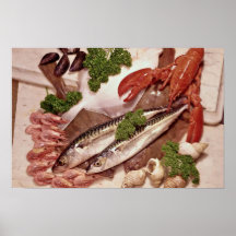 Delicious Fish, mackerel, plaice, prawns, mussels Print