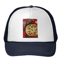 Delicious Pepperoni pizza and drinks hats