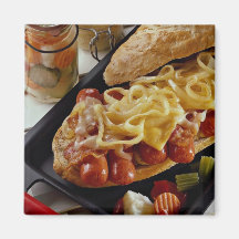 Delicious Wieners, onions and bacon on a sub bun Magnets