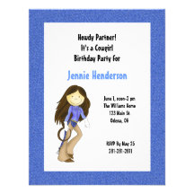 Denim Brown Haired Cowgirl Birthday Invitation