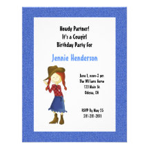 Denim Red Haired Cowgirl Birthday Invitation