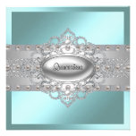 Diamonds Pearls Teal Blue Quinceanera Invitations