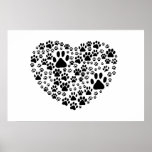 Dog Paws Trails Pawprints Heart White, Black