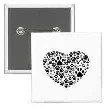 Dog Paws Trails Pawprints Heart White, Black Pinback Buttons