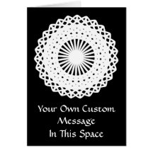 Doily. White lace circle. On Black. Card