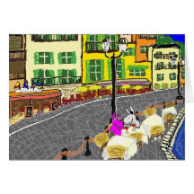 donkeys at cafe greeting cards