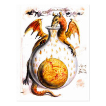 Dragon breathing fire into flask postcard