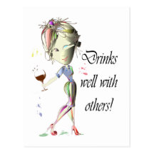 Drinks well with others, funny Wine art Postcard