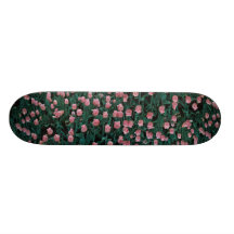 Early tulips, pink skate boards