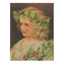 Edwardian Child Holly Christmas Postcard