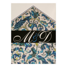 ELEGANT ANTIQUE FLORENTINE BLUE FLORAL MONOGRAM PERSONALIZED INVITATION