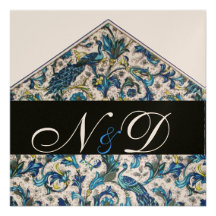 ELEGANT ANTIQUE FLORENTINE BLUE FLORAL MONOGRAM ANNOUNCEMENTS