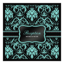 Elegant Aqua Blue and Black Damask Reception Only Personalized Invitations