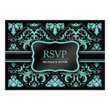 Elegant Aqua Blue and Black Damask RSVP Card