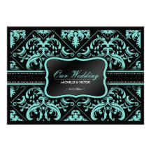 Elegant Aqua Blue and Black Damask Wedding Custom Announcements