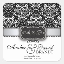 Elegant Black Damask and Silver wedding labels Square Stickers