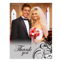 Elegant black swirls wedding thank you postcard
