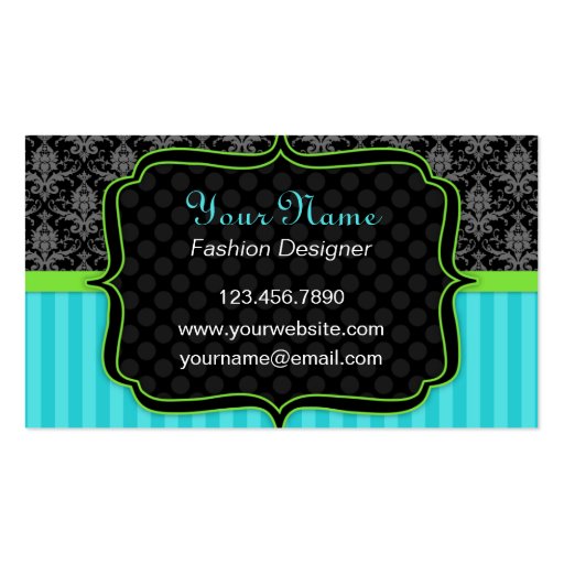 Elegant Blue and Green, Black Damask Business Card