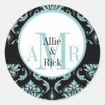 Elegant Blue Damask Monograms Names Wedding Seal Round Stickers