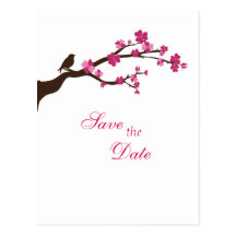 Elegant cherry blossom and bird save the date postcard