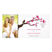 Elegant cherry blossom bird save the date photo photo card