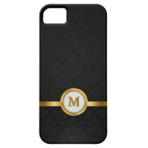 Elegant Damask & Black Leather with Gold Monogram iPhone 5 Case
