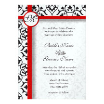 Elegant Damask Side Borders Red Trim Wedding Personalised Invites