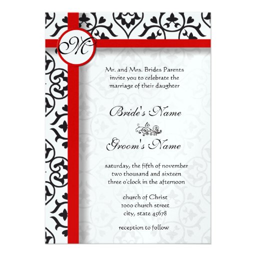 Elegant Damask Side Borders Red Trim Wedding Personalised Invites