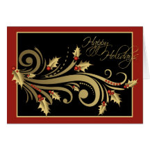 Elegant Gold Holly Flourish, Happy Holidays Cards