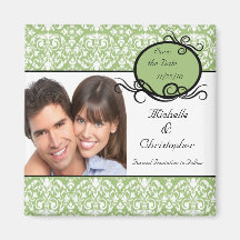 Elegant Green Damask Photo Save The Date Magnet