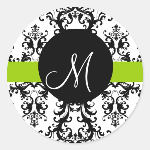 Elegant Monogram Black & White Damask Seal Green Sticker