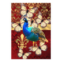 Elegant peacock, butterflies & red damask invitation