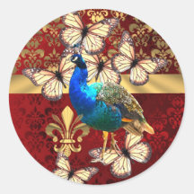 Elegant peacock, butterflies & red damask round stickers