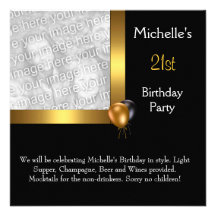 Elegant Photo Gold Black Balloon 21st Birthday Custom Invite