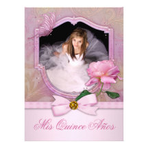 Elegant Photo Pink Butterfly Rose Quinceanera Custom Invite