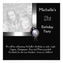 Elegant Photo Silver Black Balloon 21st Birthday Custom Invites